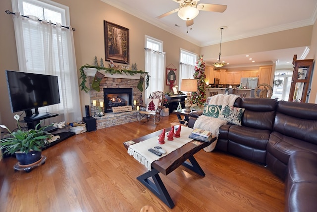 living room featuring ornamental molding, ceiling fan, a fireplace, and light wood-type flooring