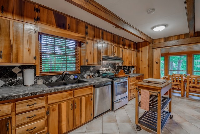 kitchen featuring dishwasher, sink, stove, and backsplash