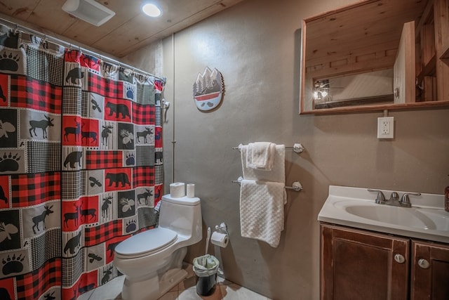 bathroom featuring wooden ceiling, vanity, and toilet