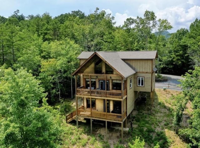 80 Tom Tom Trl, Blue Ridge, GA 30513 - rear view of property featuring a forest view, a balcony, and a deck
