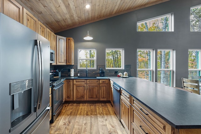 1250 Lost Forest Rd, Ellijay, GA 30536 - kitchen with a sink, brown cabinetry, wood ceiling, a peninsula, and appliances with stainless steel finishes