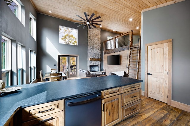 1250 Lost Forest Rd, Ellijay, GA 30536 - kitchen featuring a wealth of natural light, dark countertops, dishwashing machine, wooden ceiling, and dark wood-type flooring