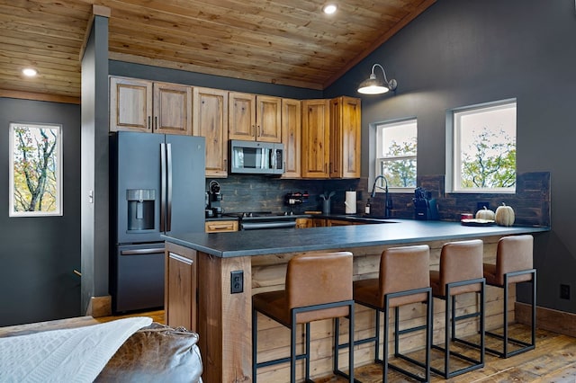 1250 Lost Forest Rd, Ellijay, GA 30536 - kitchen with light wood finished floors, a sink, lofted ceiling, wooden ceiling, and appliances with stainless steel finishes