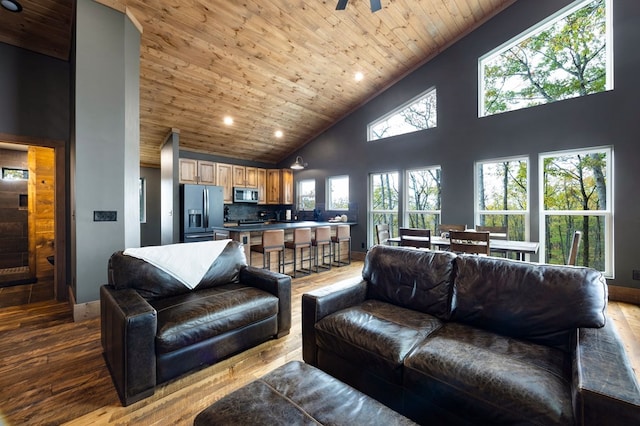 1250 Lost Forest Rd, Ellijay, GA 30536 - living room featuring hardwood / wood-style floors, a ceiling fan, high vaulted ceiling, and wooden ceiling
