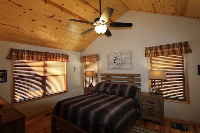 bedroom featuring hardwood / wood-style flooring, lofted ceiling, and wooden ceiling