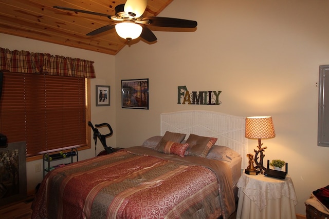 bedroom with vaulted ceiling, ceiling fan, and wood ceiling