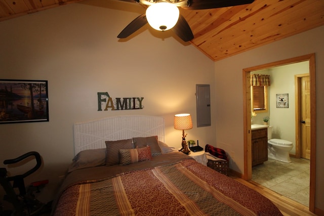 bedroom featuring connected bathroom, ceiling fan, wooden ceiling, electric panel, and vaulted ceiling