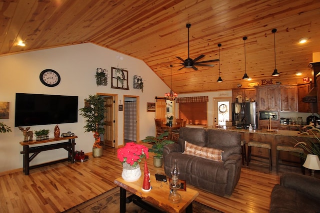 living room with wooden ceiling, ceiling fan, lofted ceiling, and light hardwood / wood-style flooring