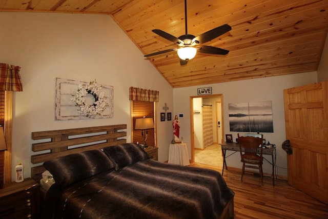 bedroom with ceiling fan, hardwood / wood-style floors, wooden ceiling, and lofted ceiling