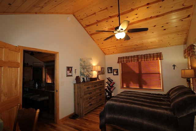 bedroom featuring lofted ceiling, hardwood / wood-style flooring, ceiling fan, and wooden ceiling