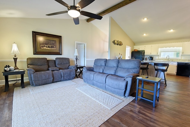 living room featuring beam ceiling, ceiling fan, sink, high vaulted ceiling, and dark hardwood / wood-style floors