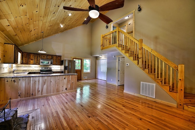 kitchen featuring appliances with stainless steel finishes, sink, wood ceiling, kitchen peninsula, and light hardwood / wood-style flooring