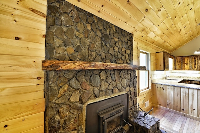 details featuring hardwood / wood-style flooring, sink, and wooden ceiling