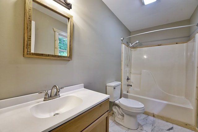 full bathroom with washtub / shower combination, vanity, and toilet