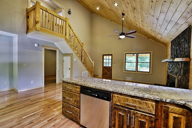 kitchen with dishwasher, high vaulted ceiling, light stone counters, light hardwood / wood-style floors, and wooden ceiling