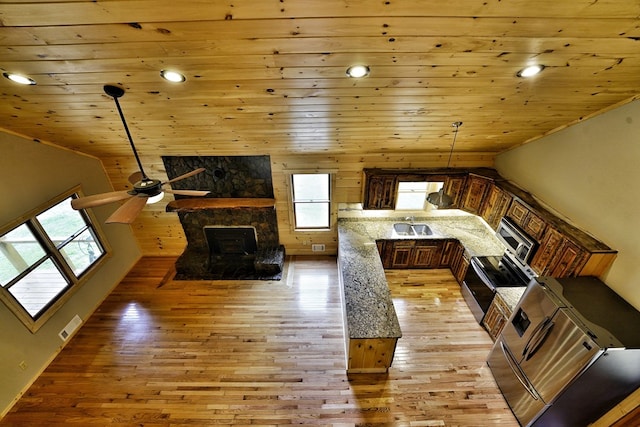 interior space featuring lofted ceiling, sink, wood ceiling, ceiling fan, and light wood-type flooring