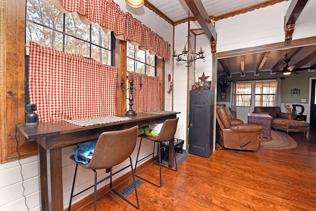 home office featuring a wealth of natural light, wood-type flooring, and wood ceiling