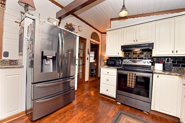 kitchen featuring light stone counters, appliances with stainless steel finishes, lofted ceiling with beams, pendant lighting, and dark hardwood / wood-style flooring