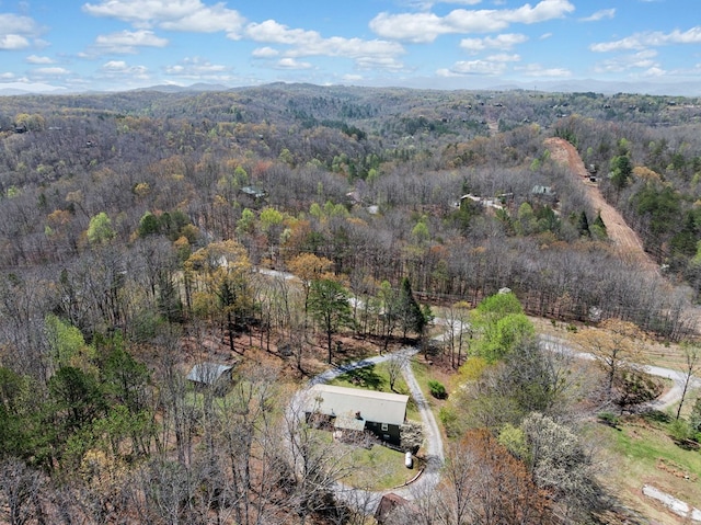 bird's eye view featuring a mountain view and a wooded view