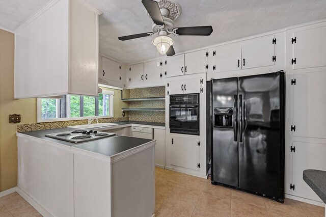 16 Hollow Springs Rd, Blue Ridge, GA 30513 - kitchen featuring black appliances, ceiling fan, a peninsula, a sink, and light tile patterned floors