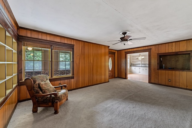 16 Hollow Springs Rd, Blue Ridge, GA 30513 - living area with wooden walls, a ceiling fan, carpet floors, baseboards, and ornamental molding