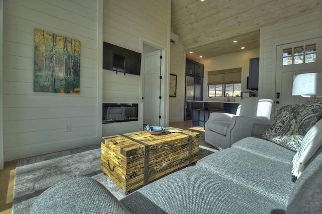 living room featuring wood ceiling, wood walls, dark wood-type flooring, and sink