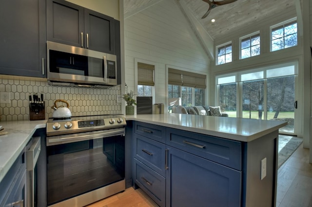 kitchen featuring appliances with stainless steel finishes, backsplash, light hardwood / wood-style flooring, and kitchen peninsula