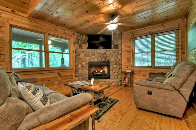 850 Mountain Lake Cir, Blue Ridge, GA 30513 - living area with wood ceiling, a ceiling fan, healthy amount of natural light, a fireplace, and hardwood / wood-style flooring