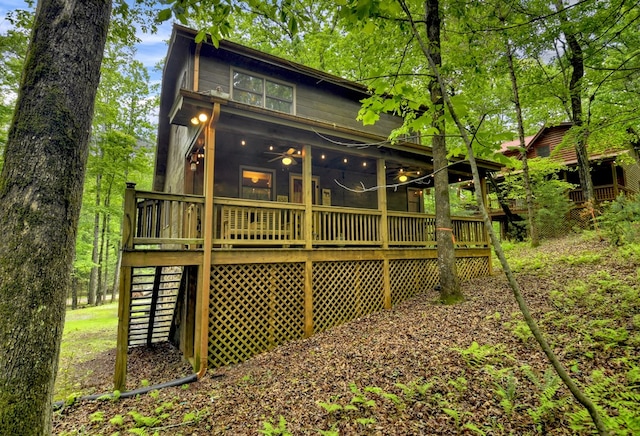 850 Mountain Lake Cir, Blue Ridge, GA 30513 - rear view of house with a ceiling fan and a wooden deck