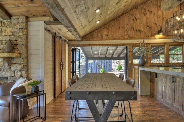 dining room with wooden ceiling, dark wood-type flooring, wood walls, and a notable chandelier