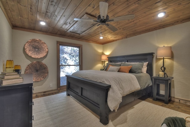 bedroom with ceiling fan, hardwood / wood-style floors, wooden ceiling, and access to outside