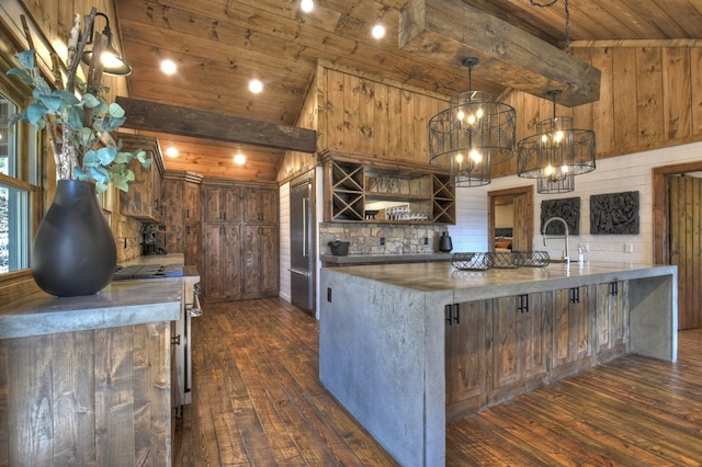 kitchen with wooden ceiling, dark wood-type flooring, vaulted ceiling, and wood walls