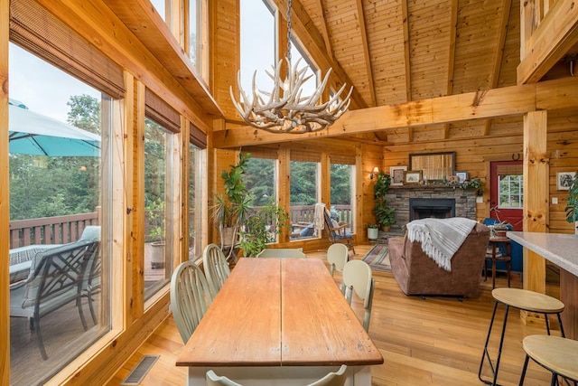 dining area featuring beamed ceiling, a fireplace, a healthy amount of sunlight, and wooden walls