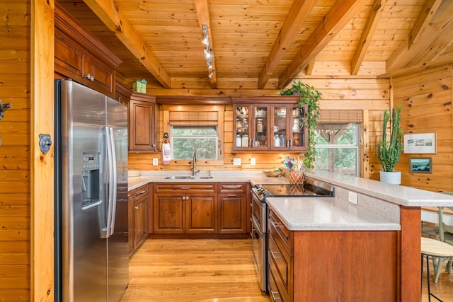 kitchen with appliances with stainless steel finishes, rail lighting, light hardwood / wood-style floors, wooden walls, and sink