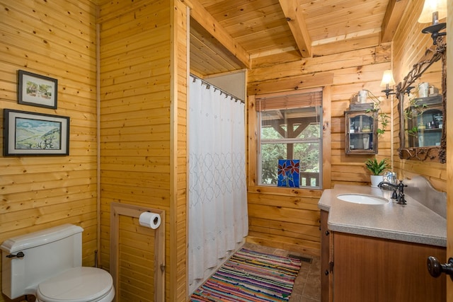 bathroom with wood ceiling, wood walls, vanity, and toilet