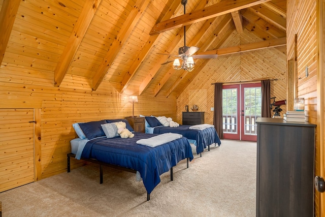 carpeted bedroom with access to outside, ceiling fan, wood walls, french doors, and wooden ceiling