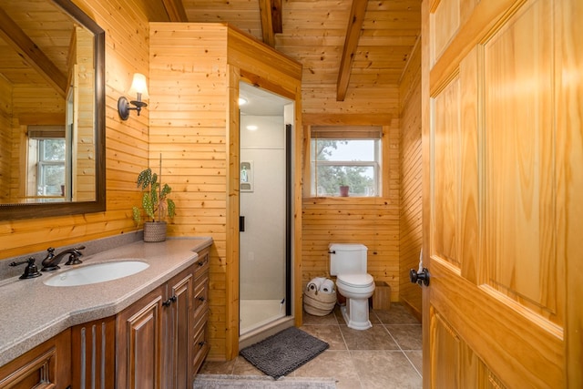 bathroom featuring a shower with door, vanity, wooden walls, toilet, and tile patterned floors