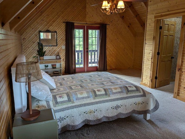 bedroom featuring vaulted ceiling with beams, light colored carpet, and wooden walls