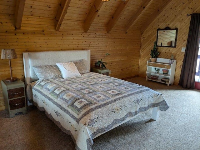 carpeted bedroom featuring vaulted ceiling with beams, wooden ceiling, and wood walls