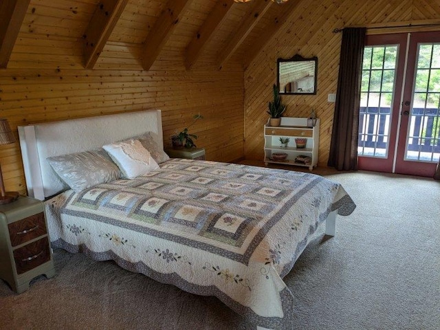 carpeted bedroom with wood walls, access to outside, wood ceiling, beam ceiling, and french doors