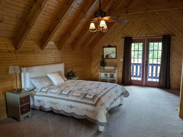 bedroom featuring lofted ceiling with beams, carpet, access to exterior, wood ceiling, and french doors