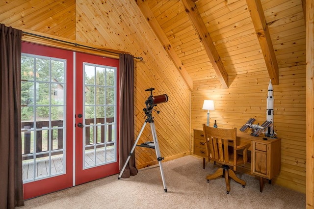 carpeted office featuring vaulted ceiling with beams, wooden ceiling, wooden walls, and french doors