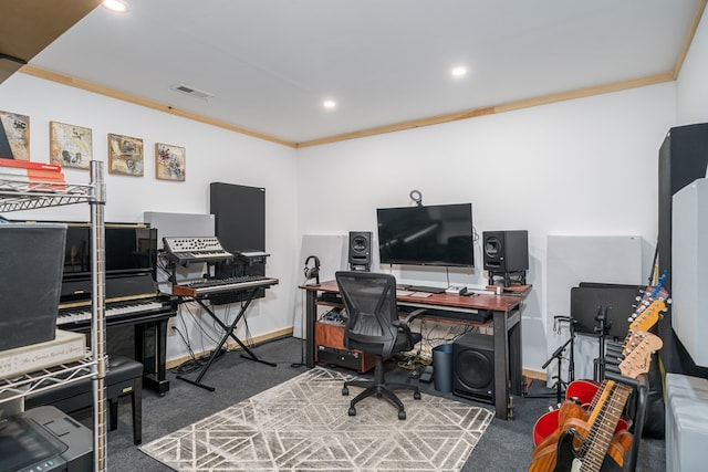 carpeted home office with ornamental molding