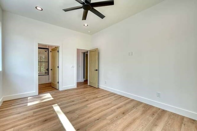 unfurnished bedroom featuring ceiling fan and light hardwood / wood-style floors