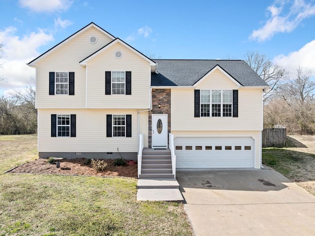 view of front of house with a front yard, roof with shingles, driveway, an attached garage, and crawl space