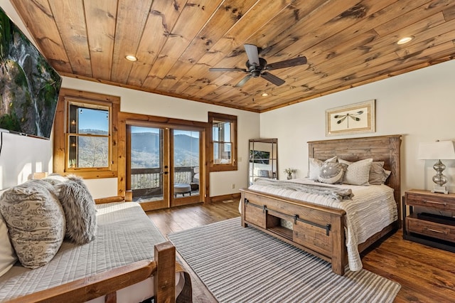 bedroom featuring wooden ceiling, access to outside, french doors, ceiling fan, and dark hardwood / wood-style flooring