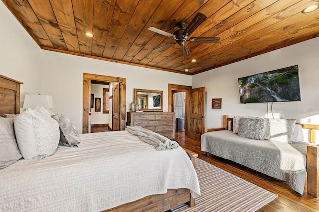 bedroom featuring ceiling fan, crown molding, wood ceiling, and hardwood / wood-style floors