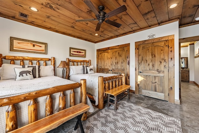 bedroom with ceiling fan and wood ceiling