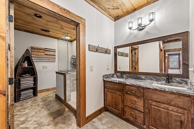 bathroom with vanity and wood ceiling