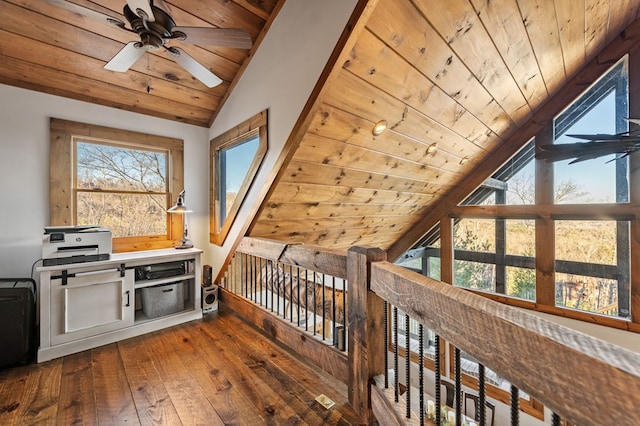 bonus room featuring lofted ceiling, ceiling fan, wood ceiling, and hardwood / wood-style floors